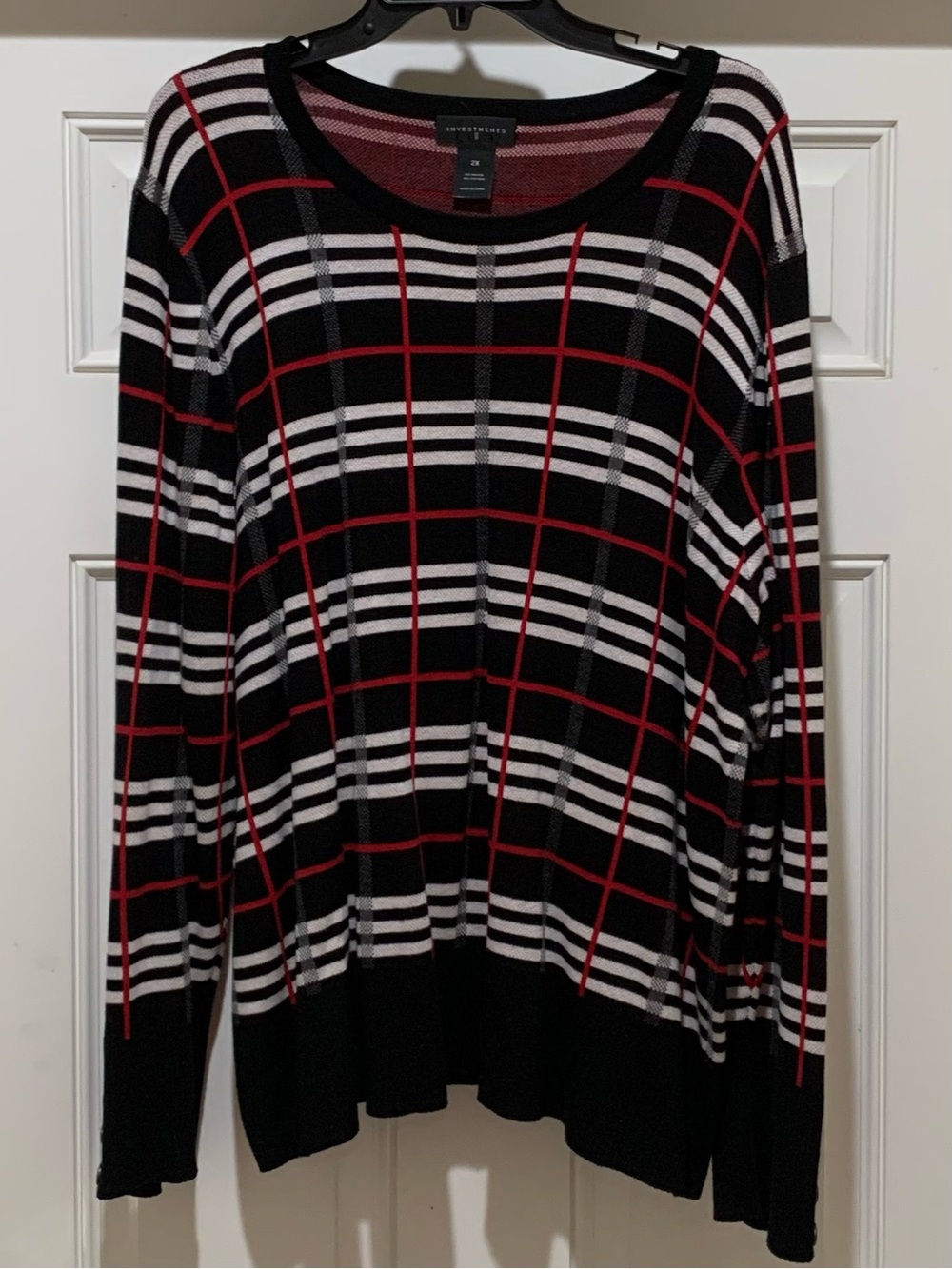 Investments Red Black White Knit Sweater Checkering Windowpane Silver Button 2X